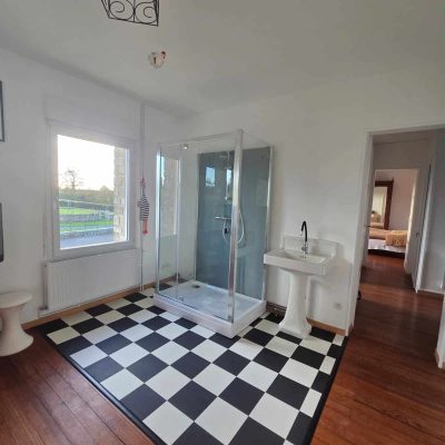 Salle de bains lumineuse avec douche vitrée et sol carrelé damier — réalisation Feve Nicolas